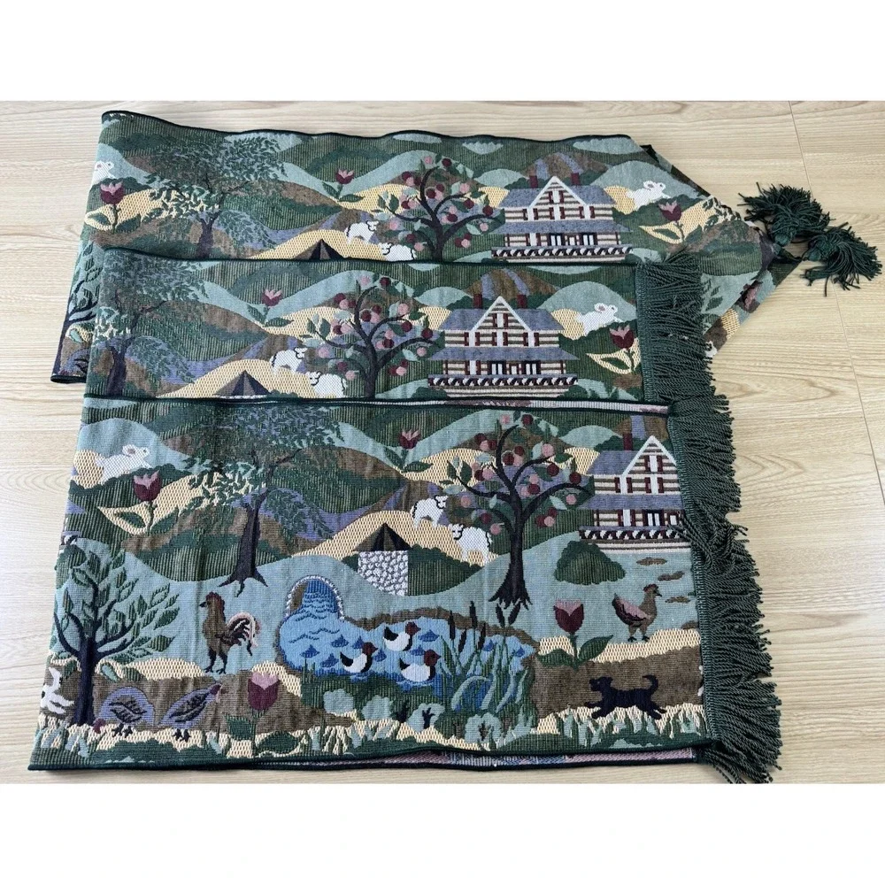 Green Tapestry Table Runner Fringed Tasseled Farm Life Animals Country 3 Pc